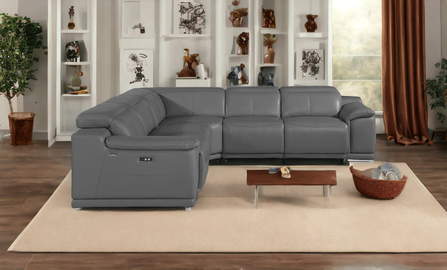 Gray Italian Leather Power Reclining U Shaped Five Piece Corner Sectional With Console