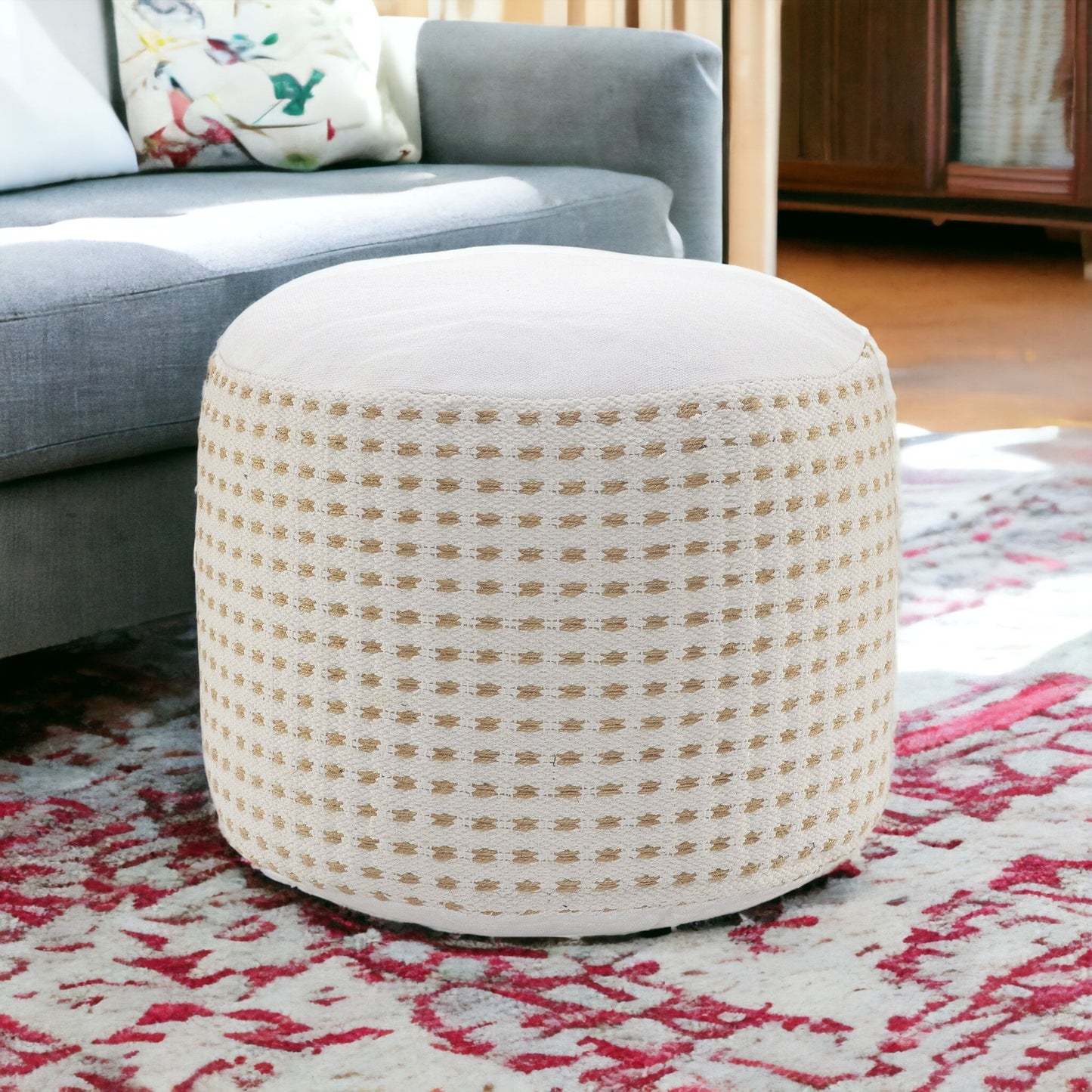 18" White Jute Round Geometric Pouf Ottoman