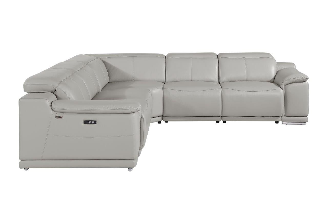 Light Gray Italian Leather Power Reclining U Shaped Five Piece Corner Sectional With Console