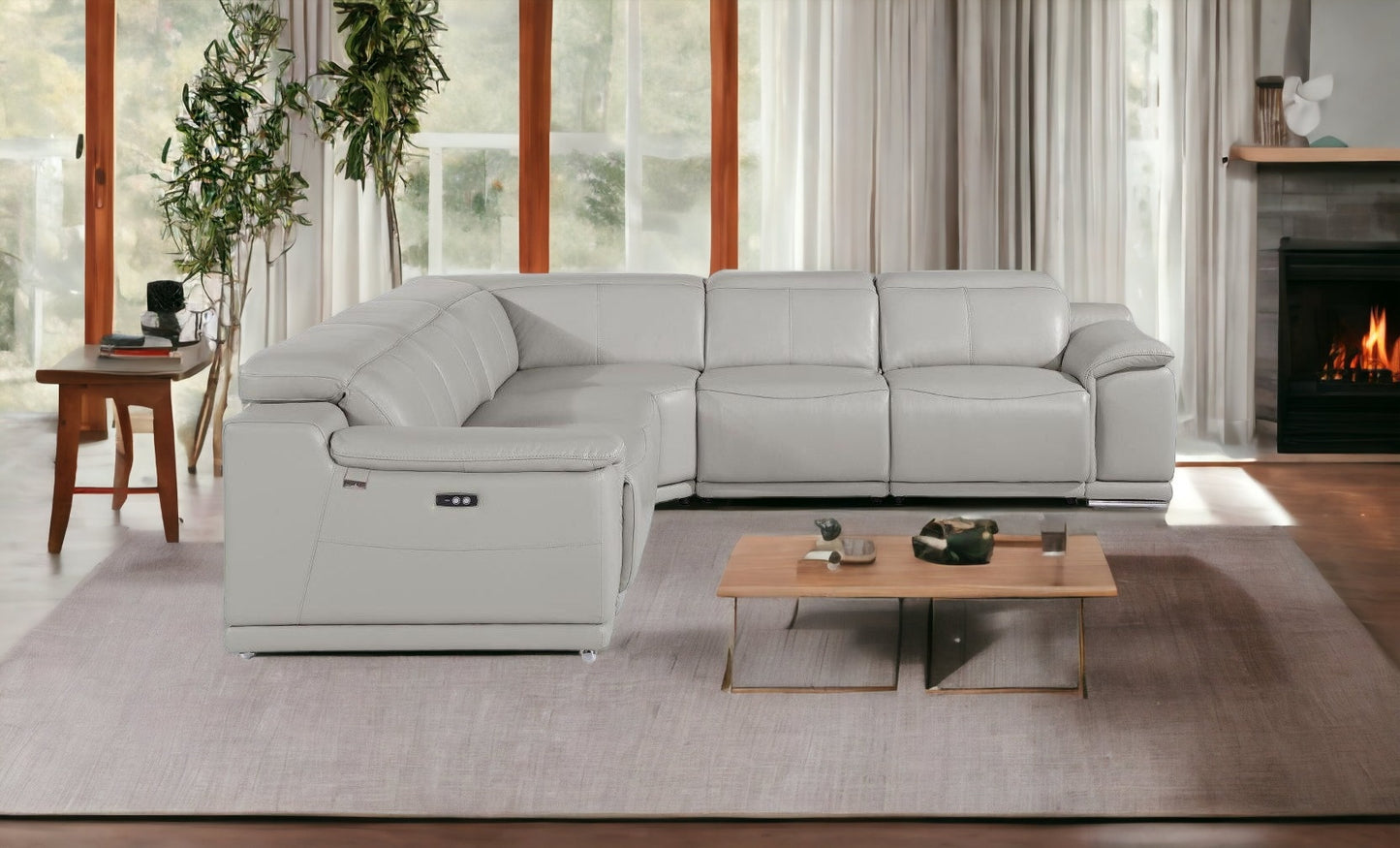 Light Gray Italian Leather Power Reclining U Shaped Five Piece Corner Sectional With Console