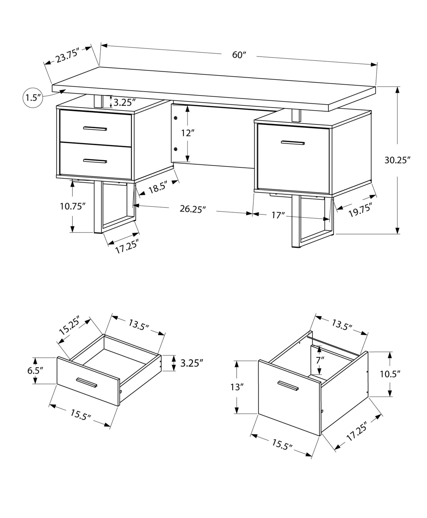 24" White and Silver Computer Desk With Three Drawers