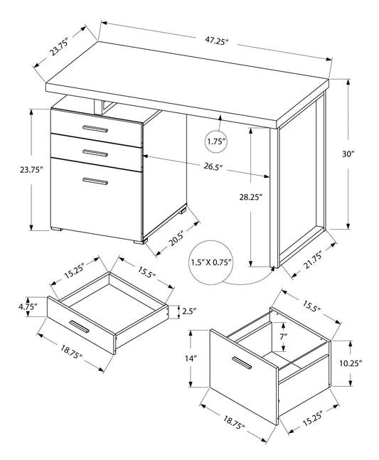 24" White and Gray Solid Manufactured Wood Computer Desk With Three Drawers