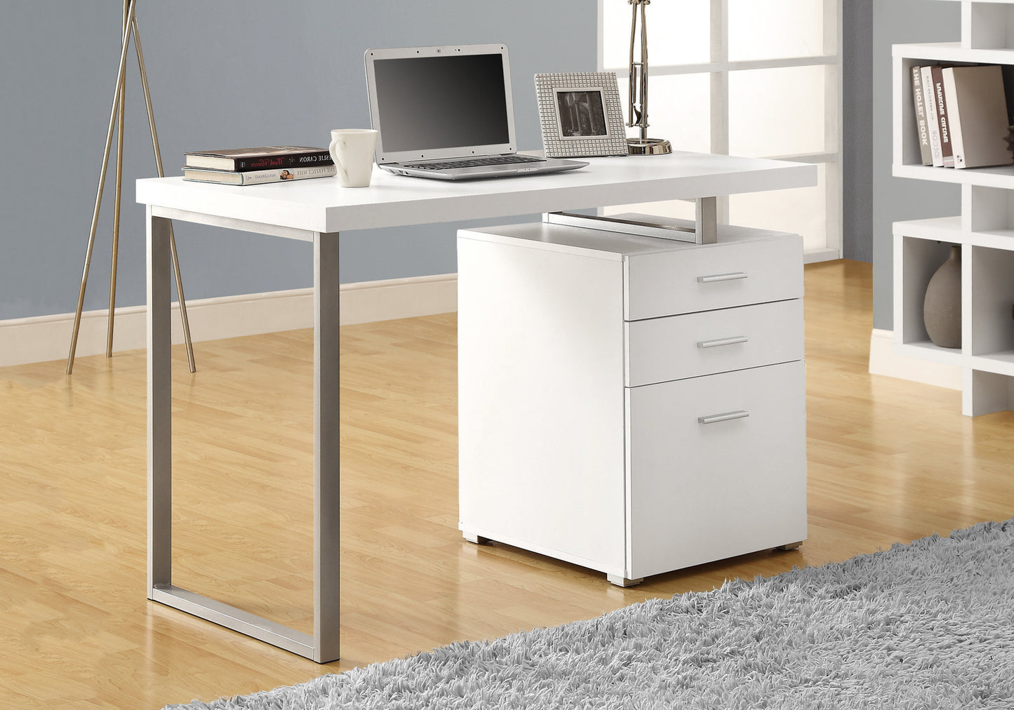 24" White and Gray Solid Manufactured Wood Computer Desk With Three Drawers