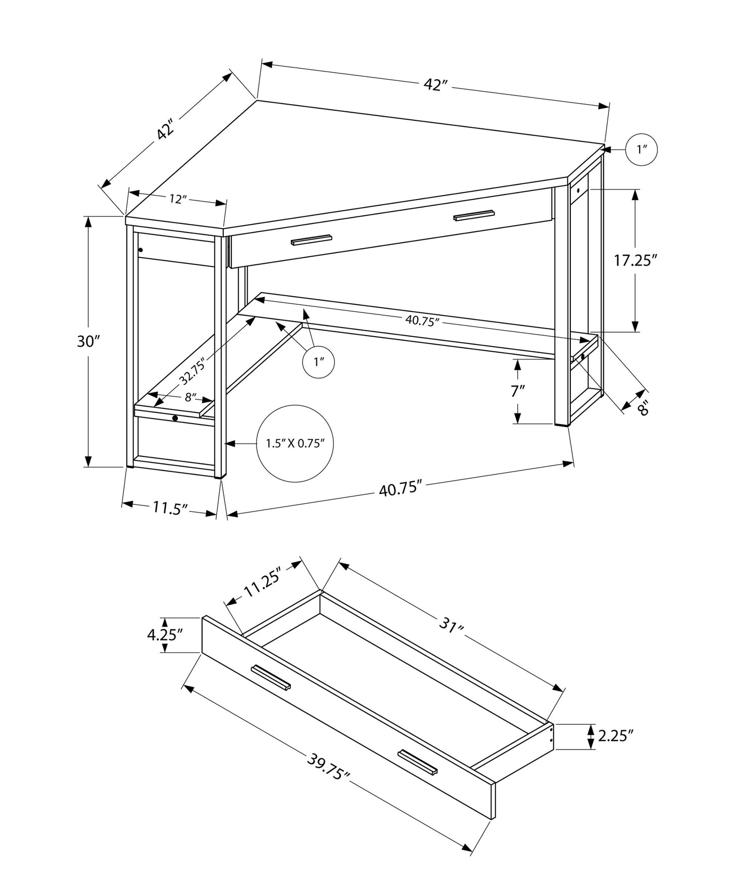 42" White and Silver Corner Computer Desk With Two Drawers