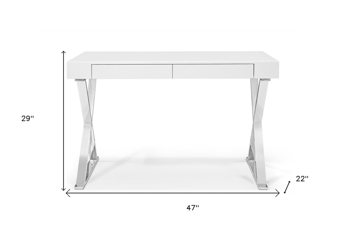 47" White and Silver Writing Desk With Two Drawers