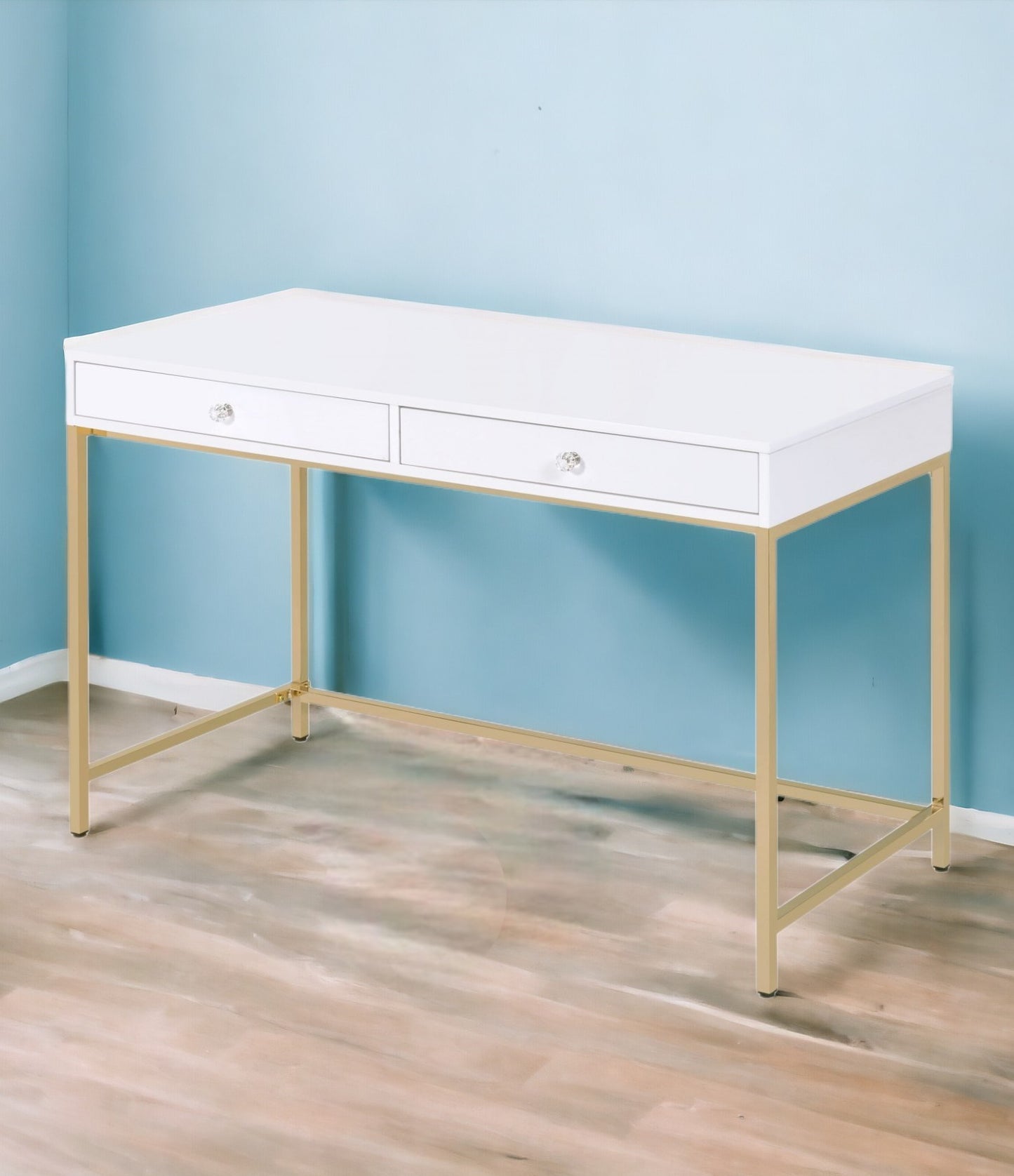 47" White and Gold Mirrored Computer Desk With Two Drawers