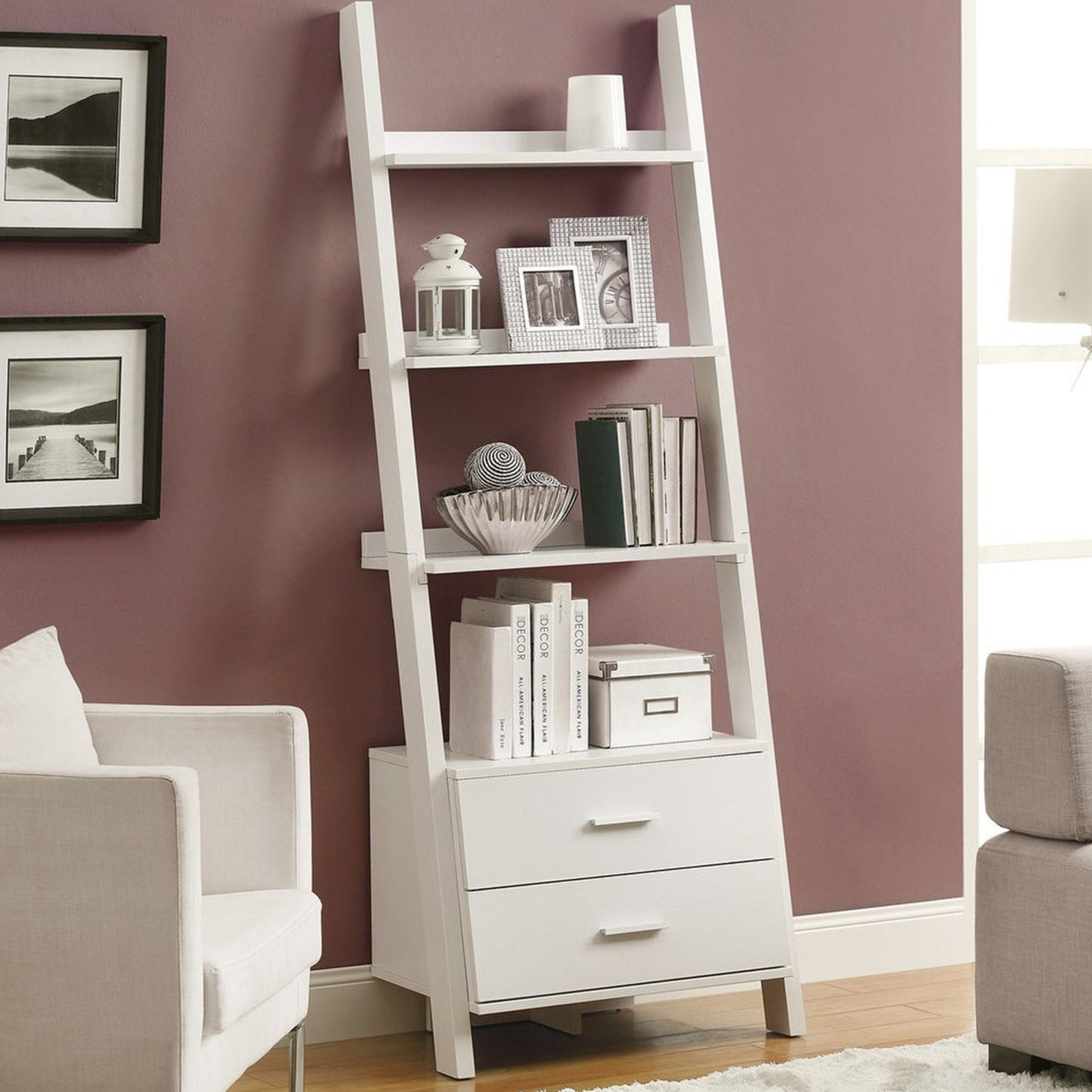 69" White Wood Ladder Bookcase With Two drawers