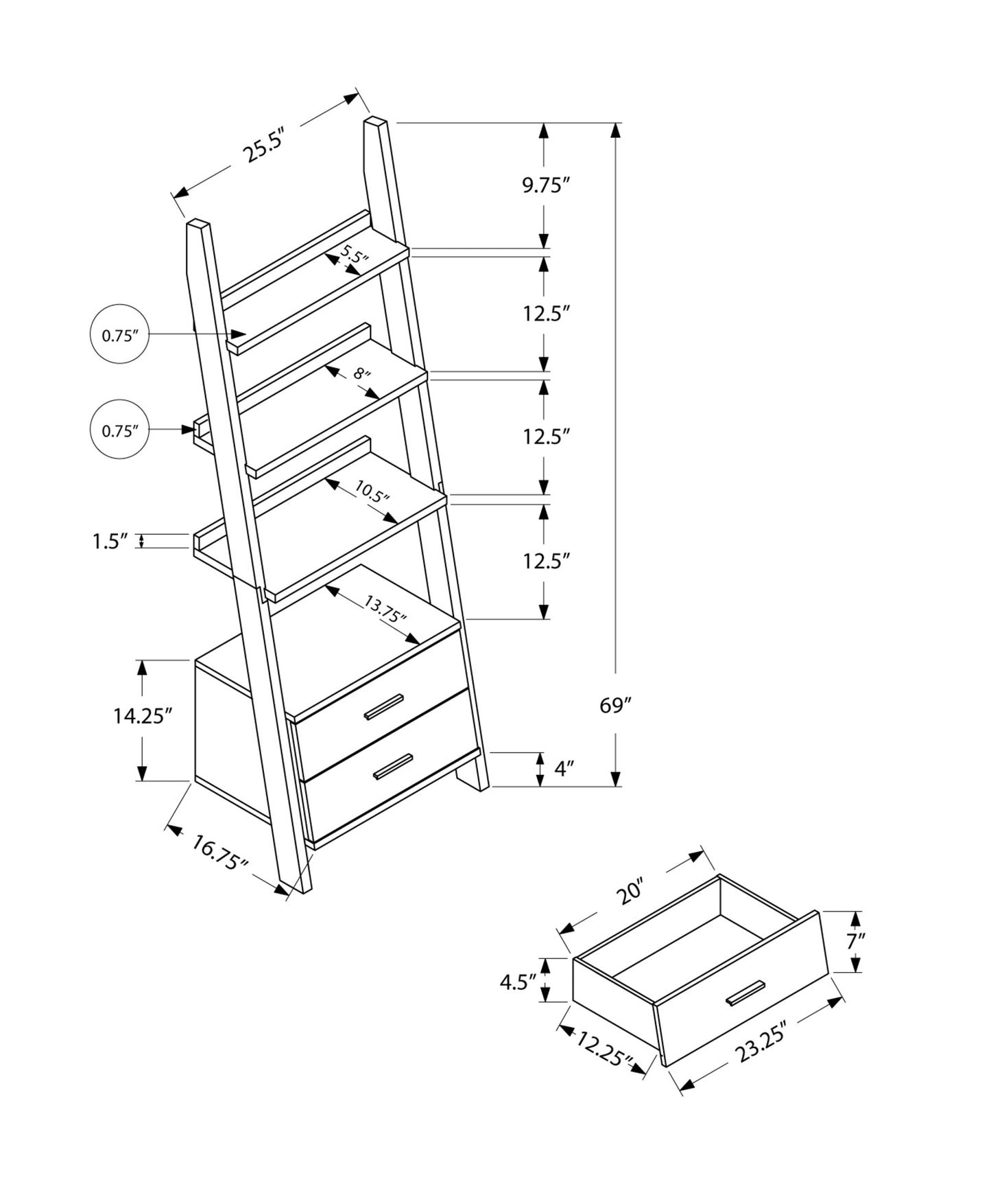 69" White Wood Ladder Bookcase With Two drawers