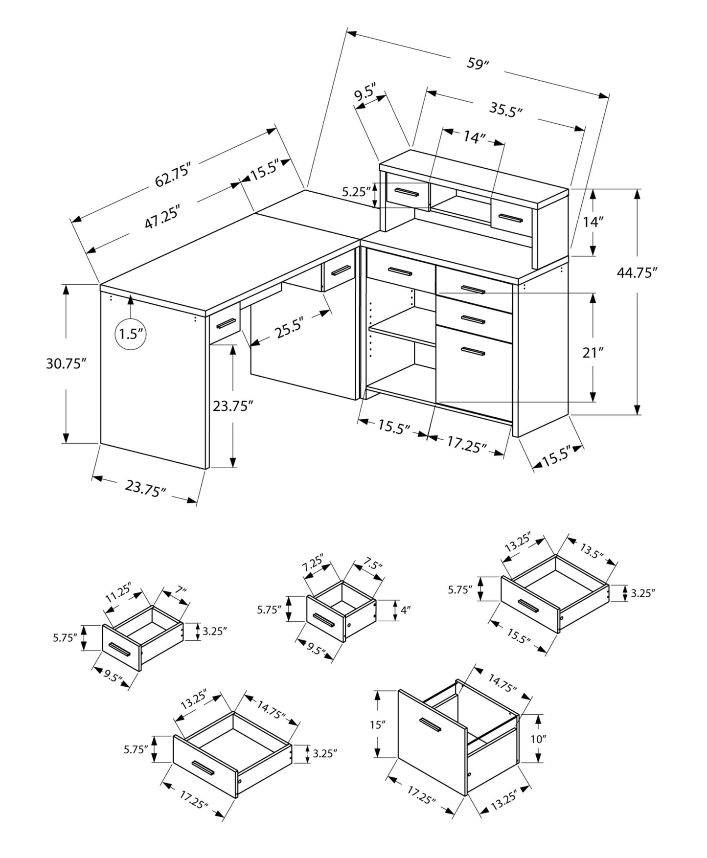 59" White Solid Manufactured Wood L Shape Computer Desk With Eight Drawers