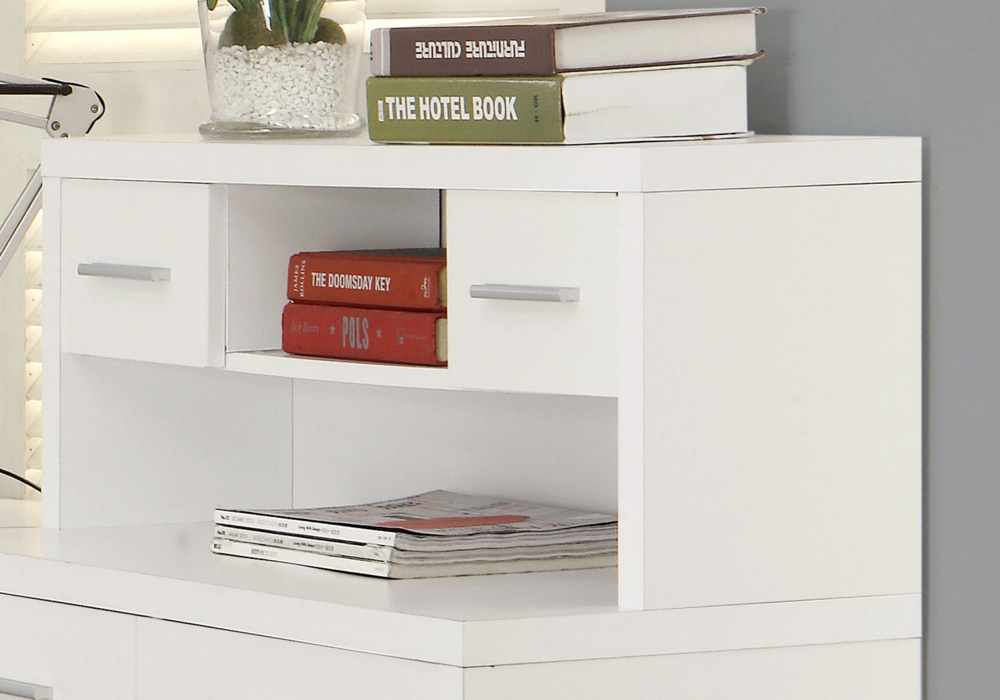 59" White Solid Manufactured Wood L Shape Computer Desk With Eight Drawers