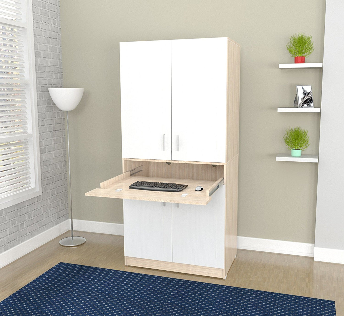 White And Natural Finish Wood Computer Hutch Desk