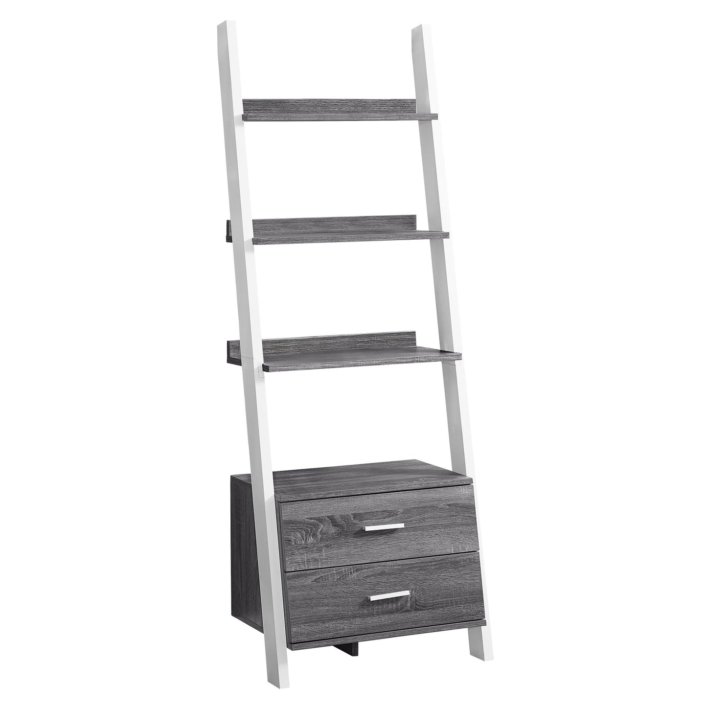 69" Gray and White Wood Ladder Bookcase With Two drawers