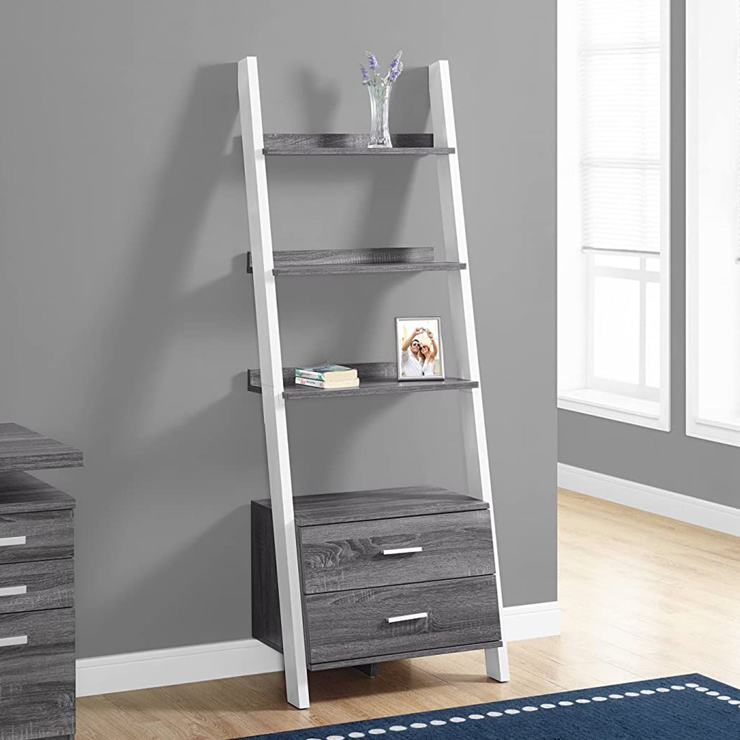 69" Gray and White Wood Ladder Bookcase With Two drawers