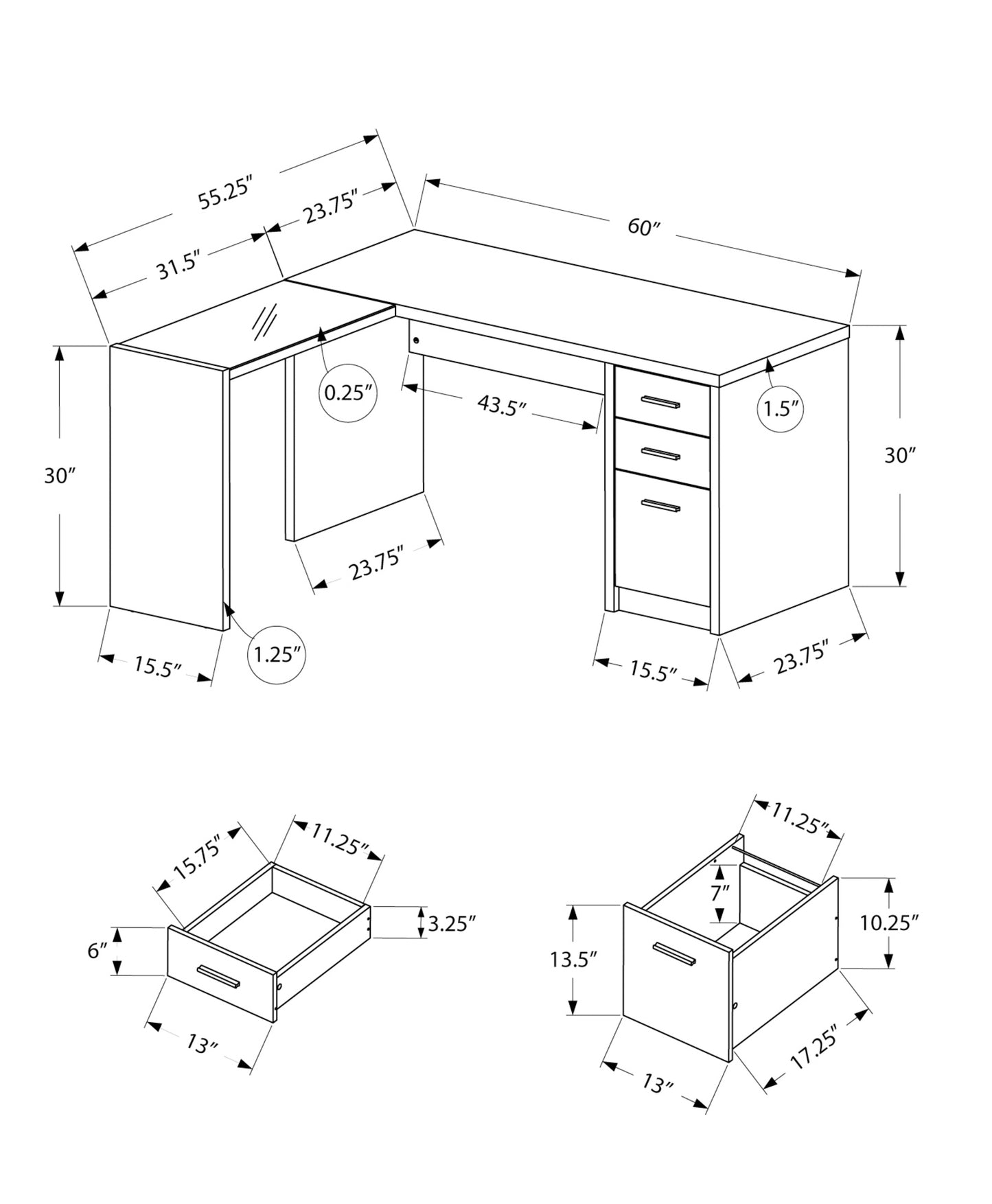 55" Gray and Black L Shape Computer Desk With Three Drawers