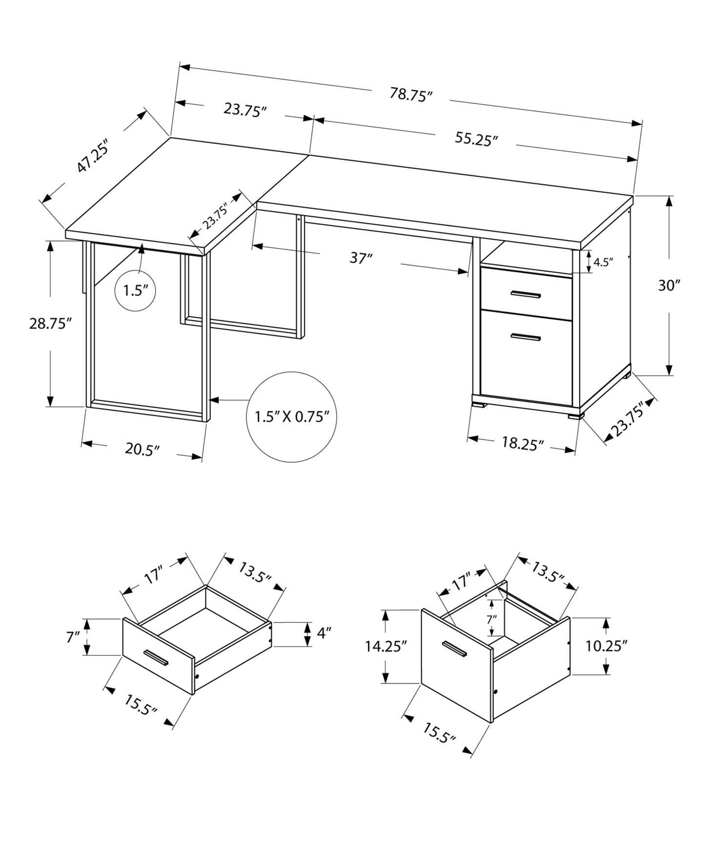 47" Gray and Silver L Shape Computer Desk With Two Drawers