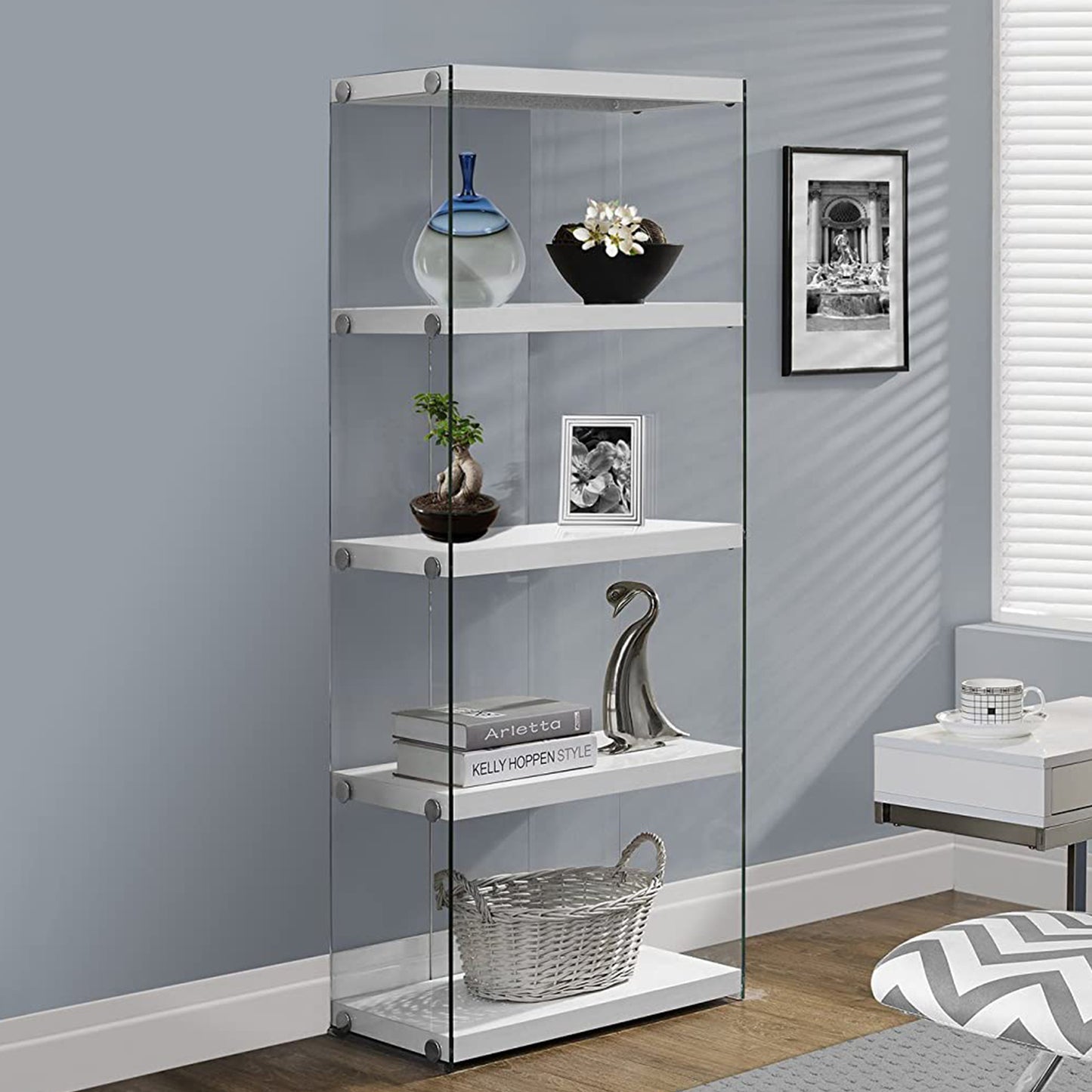 59" White Glass And Wood Etagere Bookcase