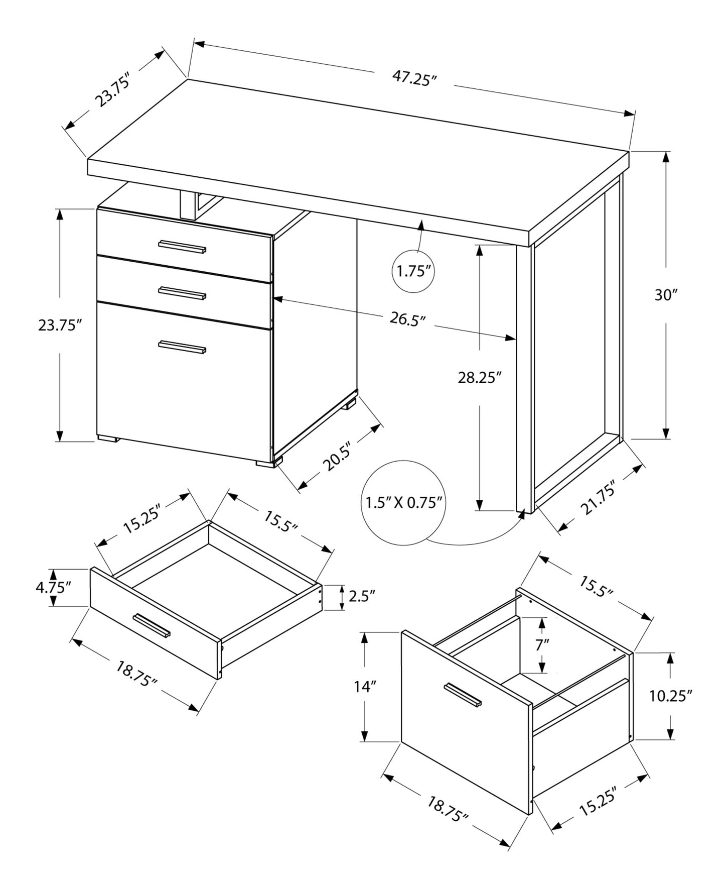 24" Taupe and Silver Computer Desk With Three Drawers