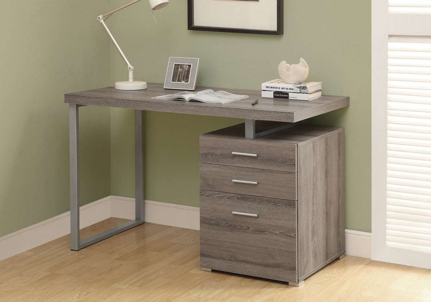 24" Taupe and Silver Computer Desk With Three Drawers