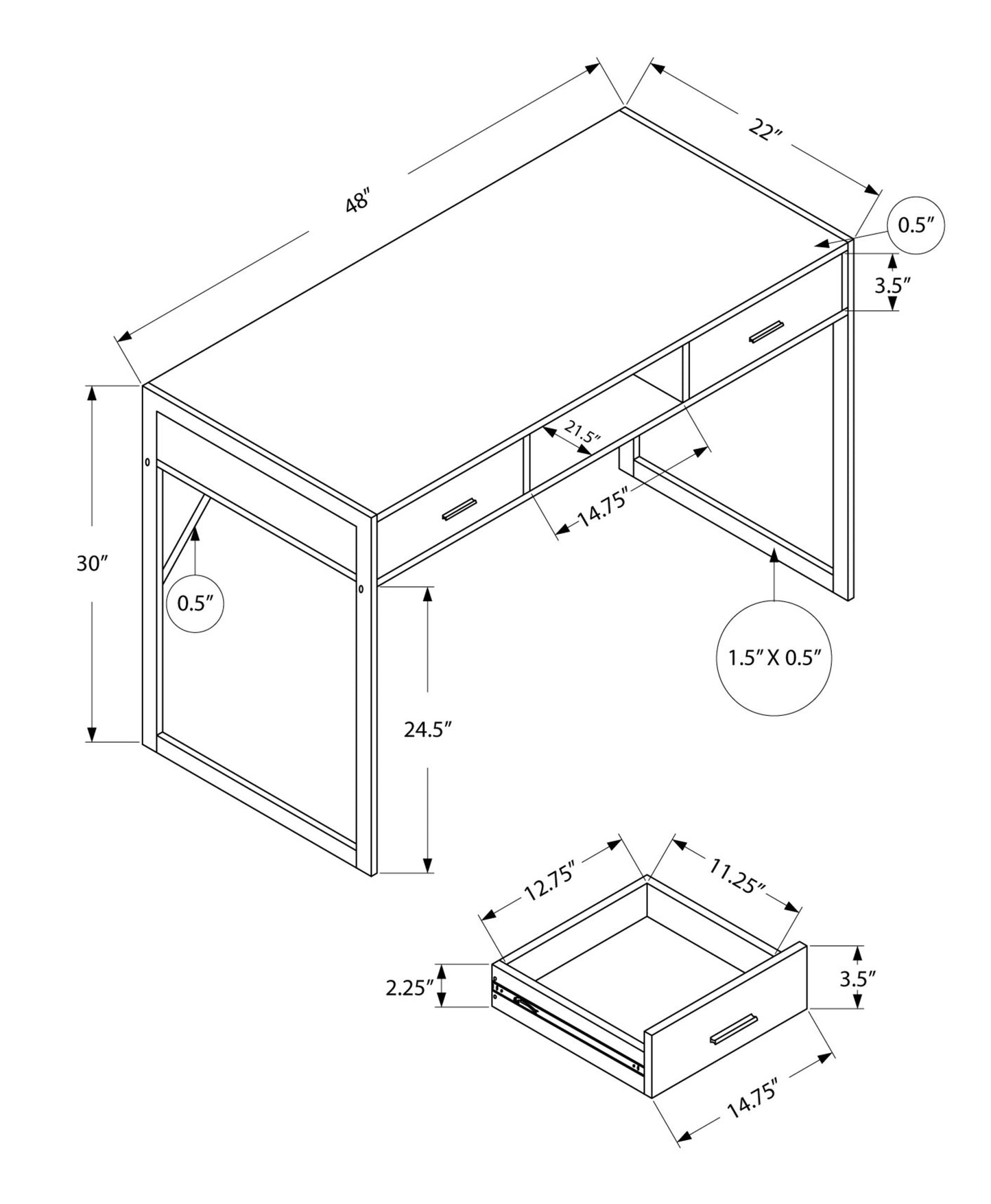 22" Dark Brown and Silver Computer Desk With Two Drawers