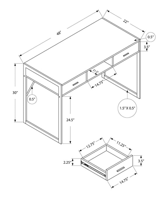 22" Dark Brown and Silver Computer Desk With Two Drawers