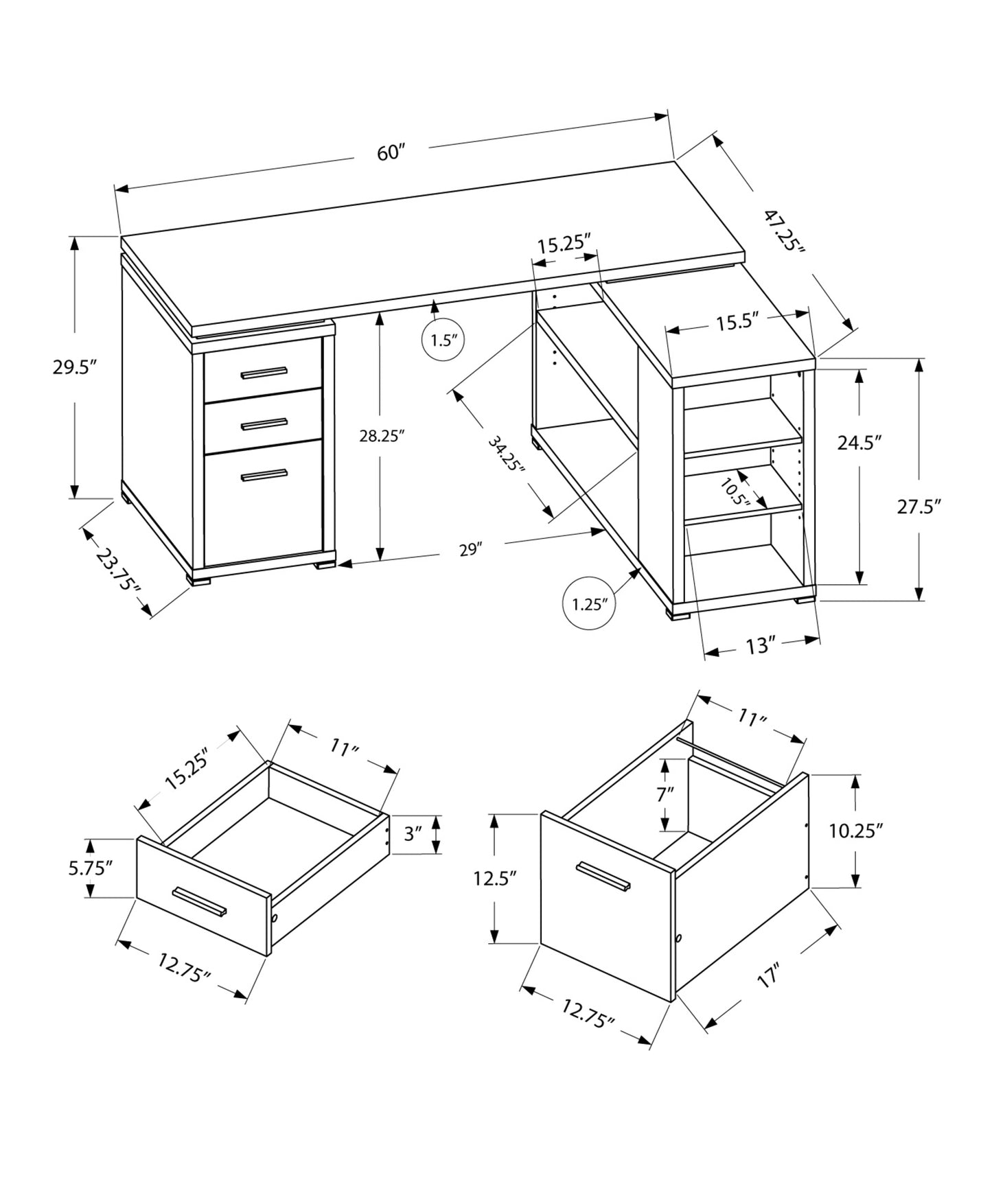 47" White Solid Manufactured Wood L Shape Computer Desk With Three Drawers