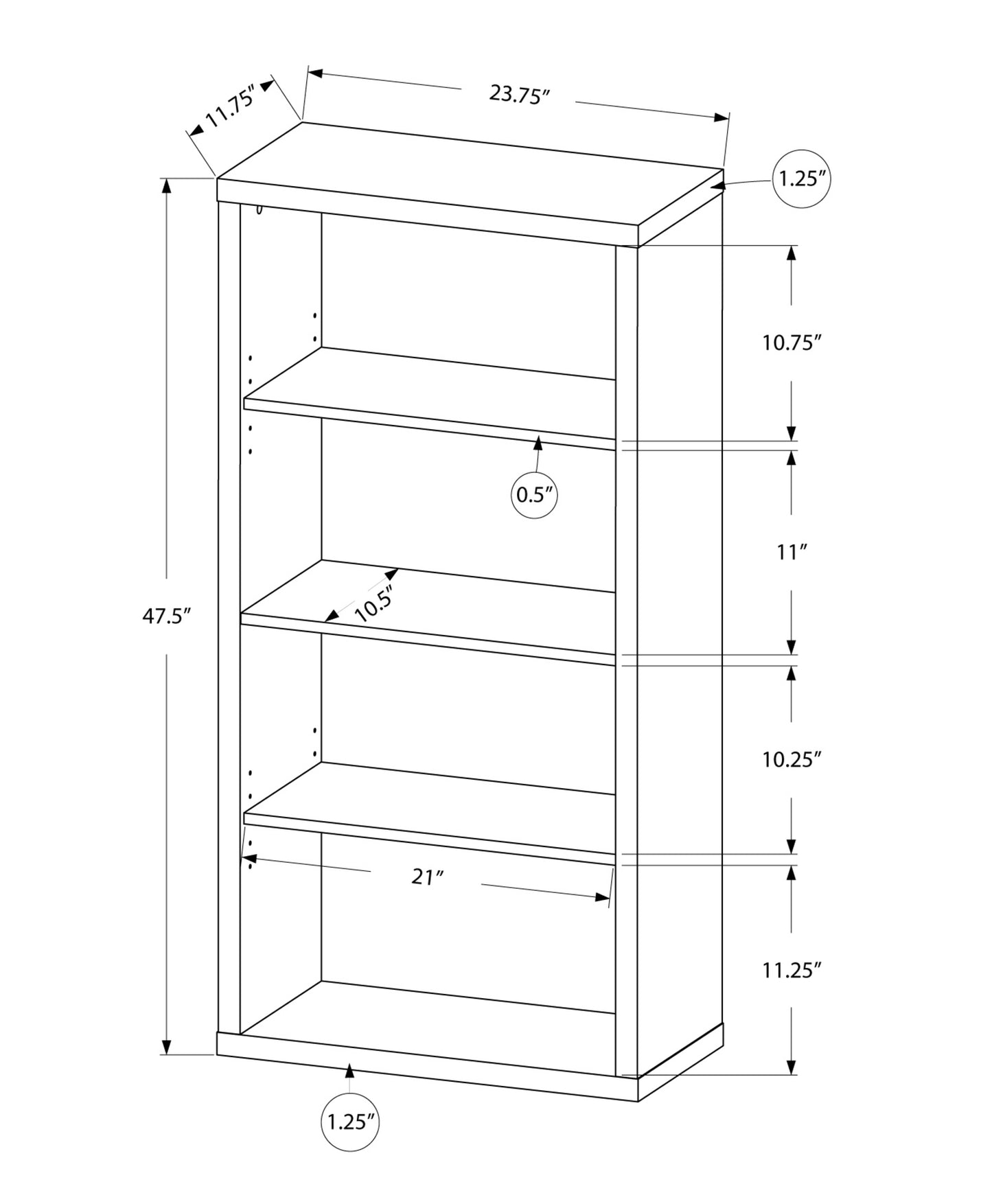 48" White Wood Adjustable Bookcase