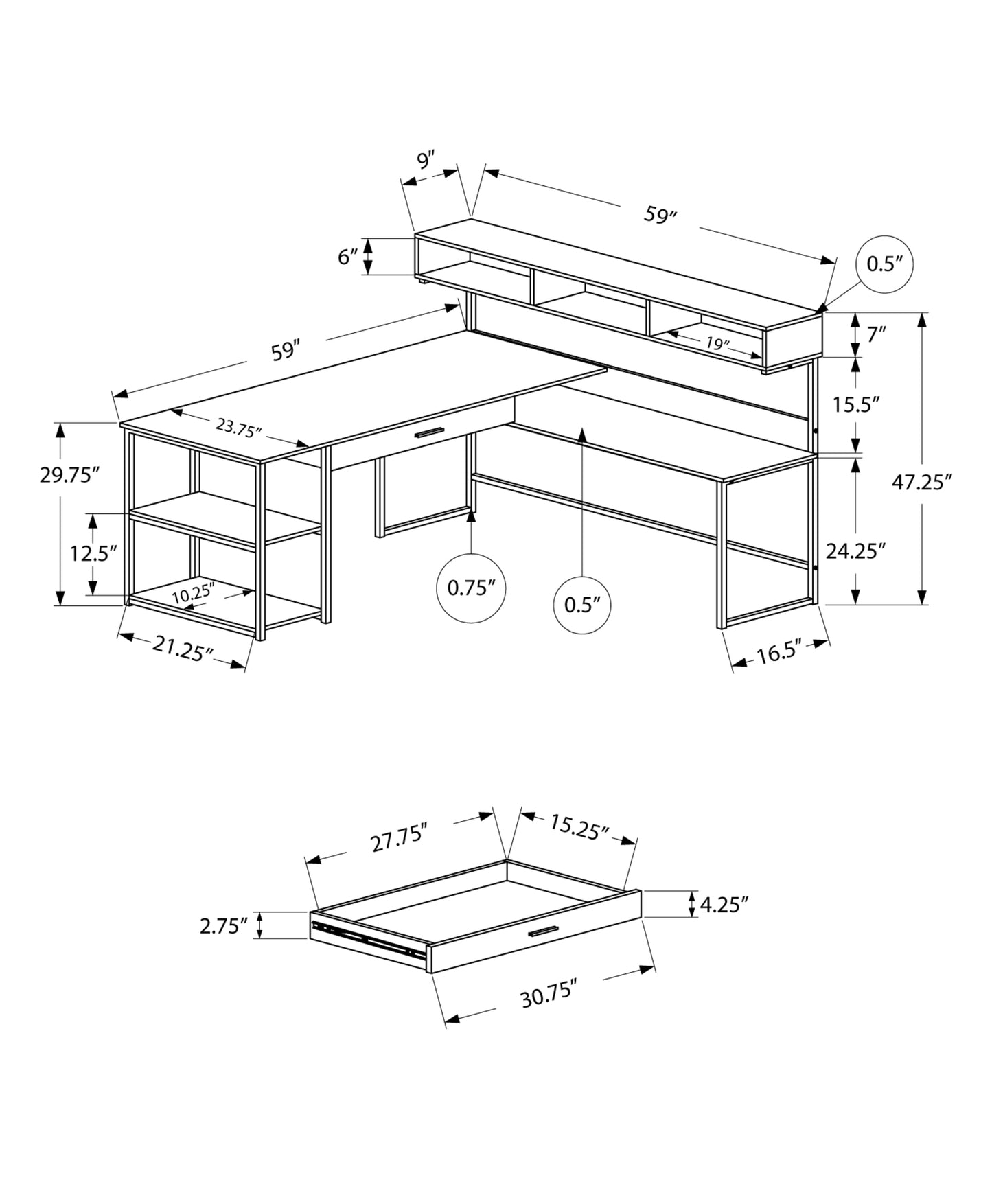 59" White and Silver L Shape Computer Desk