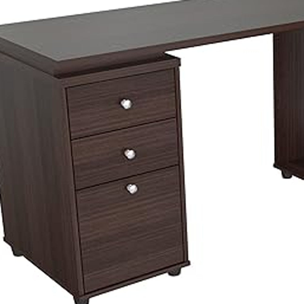 60" Espresso Mirrored L Shape Computer Desk With Three Drawers