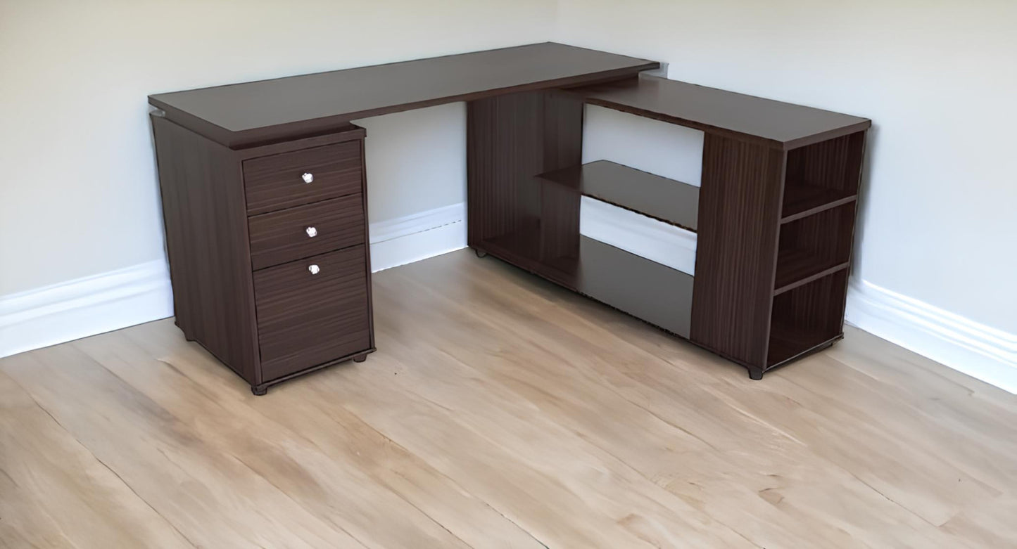 60" Espresso Mirrored L Shape Computer Desk With Three Drawers