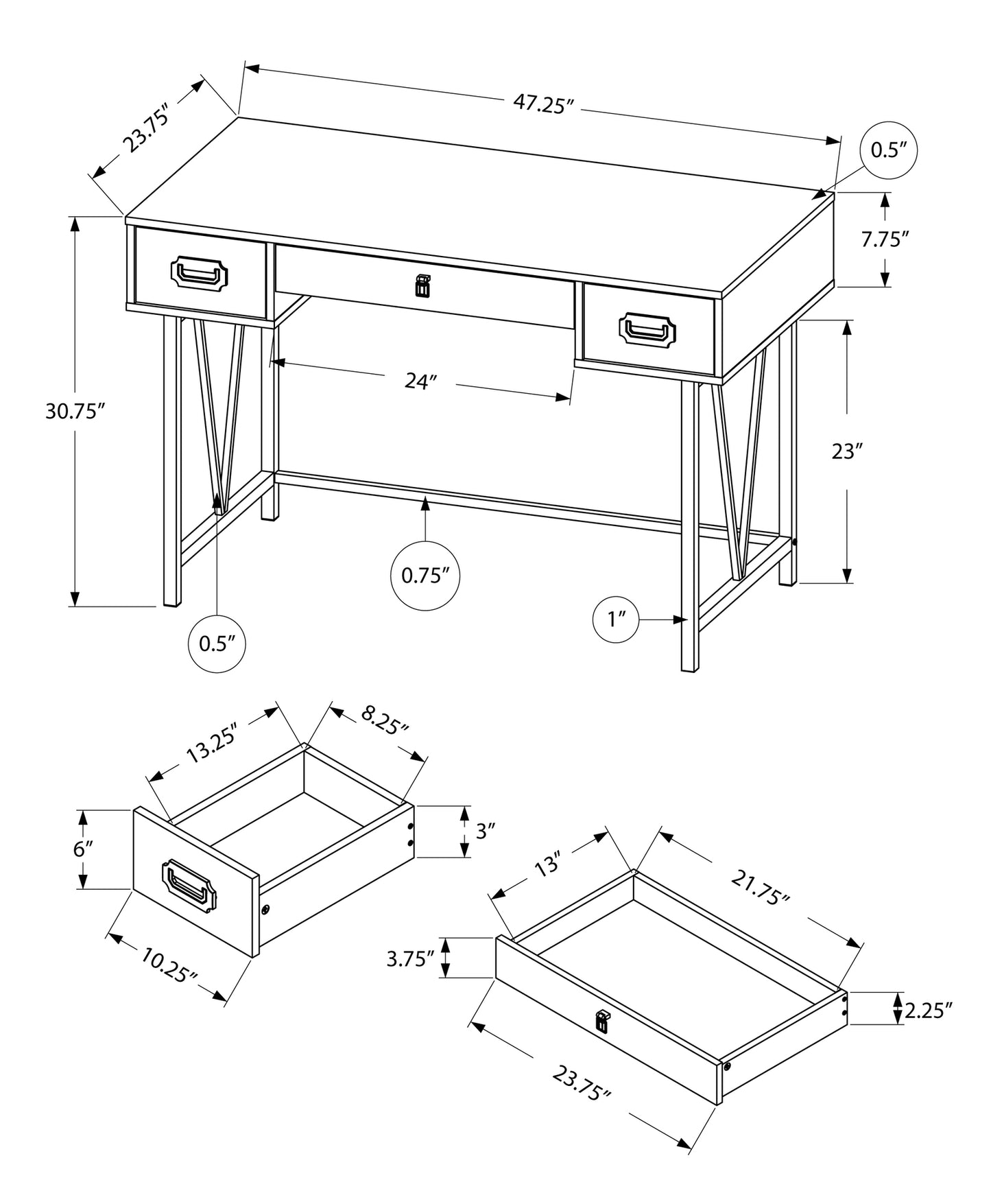 24" Gray and Black Computer Desk With Three Drawers