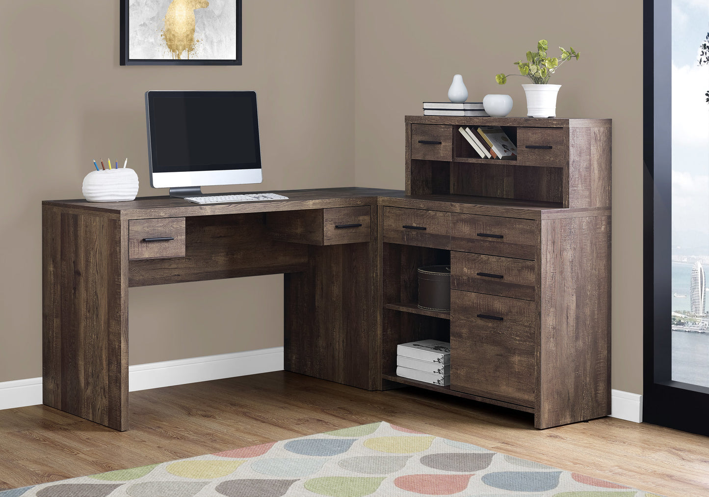 63" Brown L Shape Computer Desk With Eight Drawers