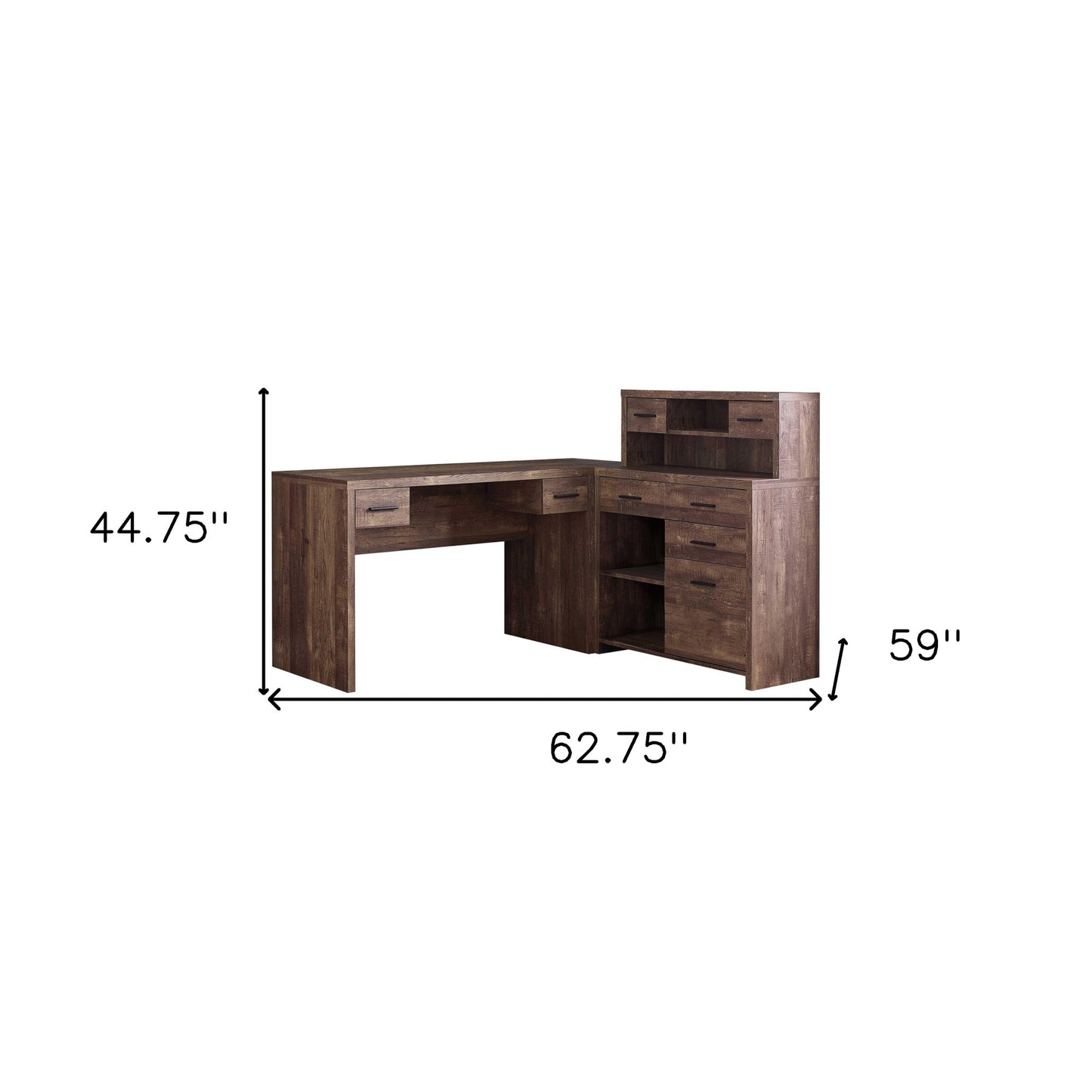 63" Brown L Shape Computer Desk With Eight Drawers