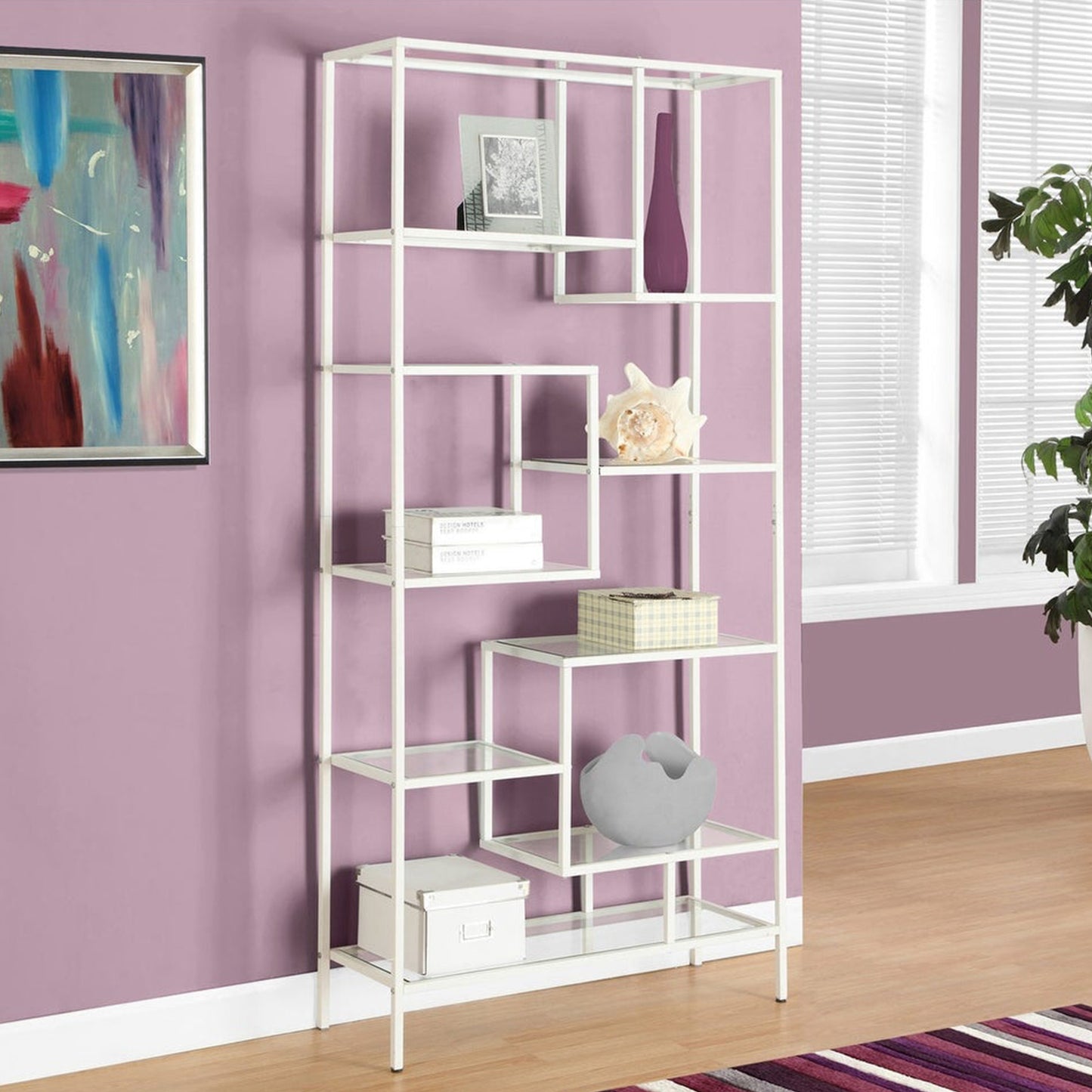 72" White Metal and Glass Nine Tier Etagere Bookcase