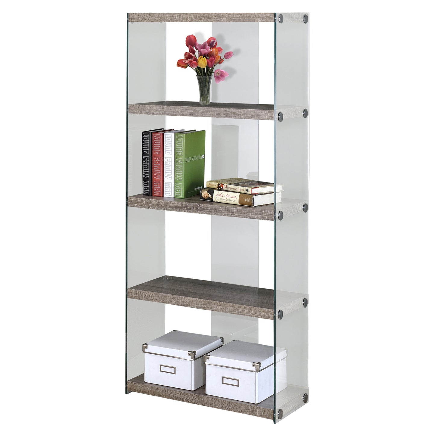 59" White Glass and Wood Four Tier Etagere Bookcase