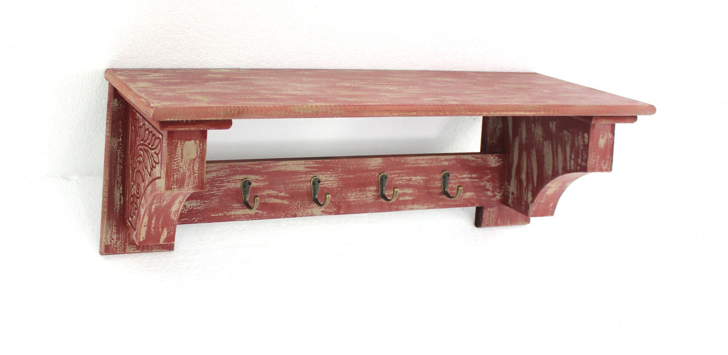 8 X 30 X 9.75 Red Vintage Wooden 4 Metal Hooks - Wall Shelf