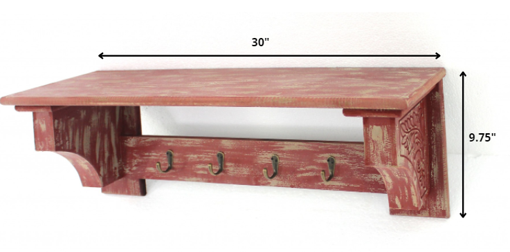 8 X 30 X 9.75 Red Vintage Wooden 4 Metal Hooks - Wall Shelf