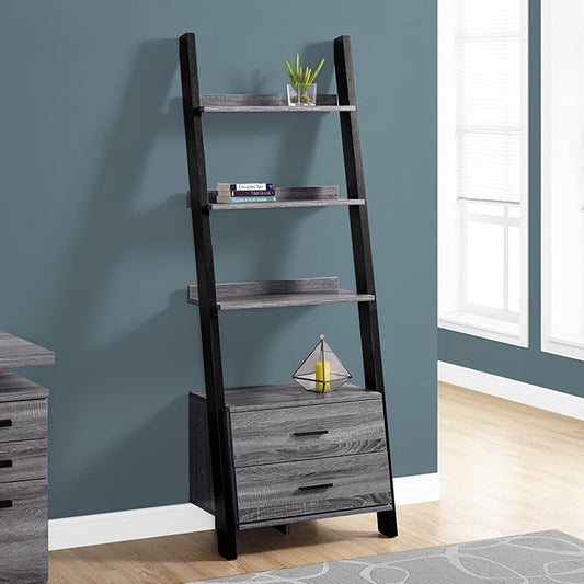 69" Gray and Black Wood Ladder Bookcase With Two drawers