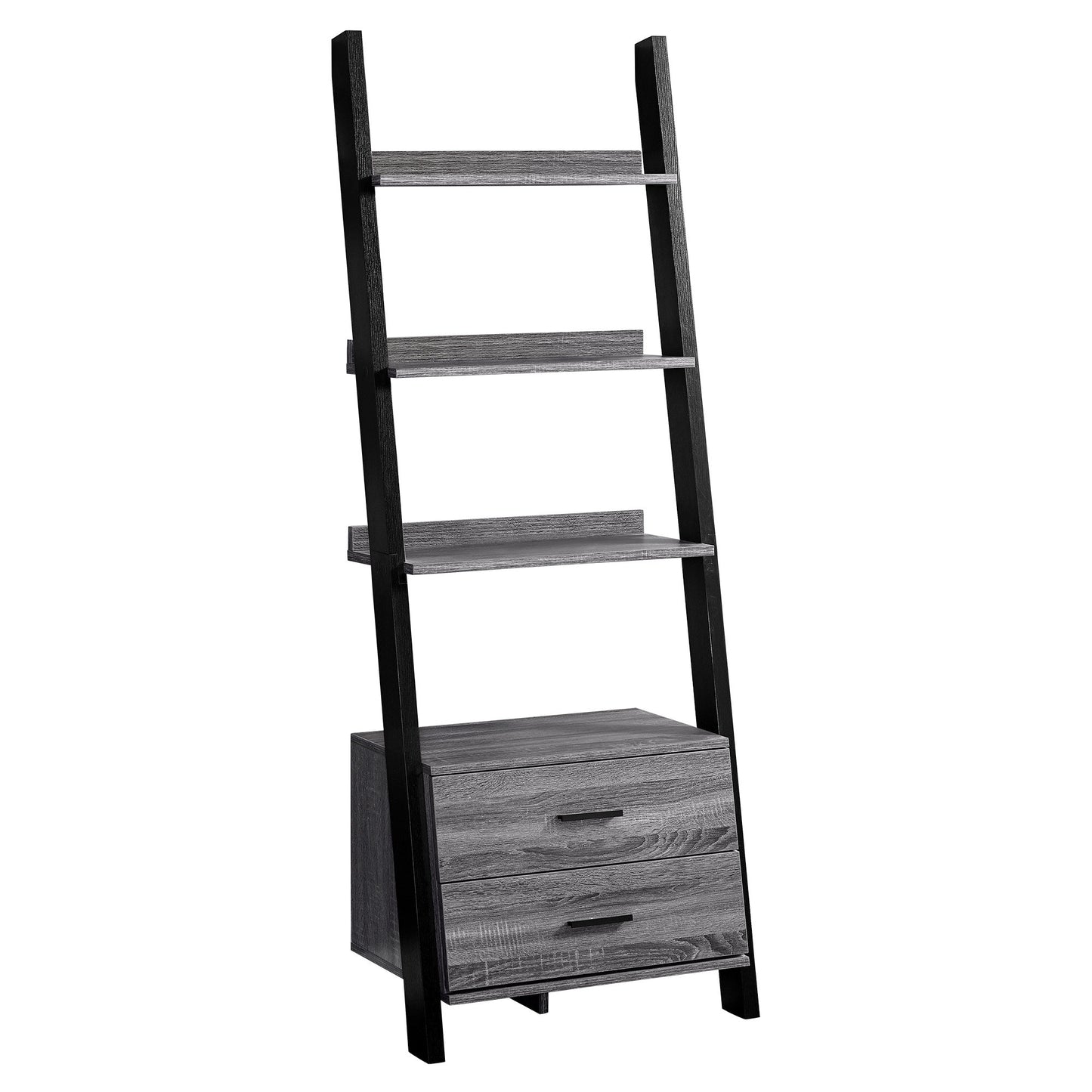 69" Gray and Black Wood Ladder Bookcase With Two drawers