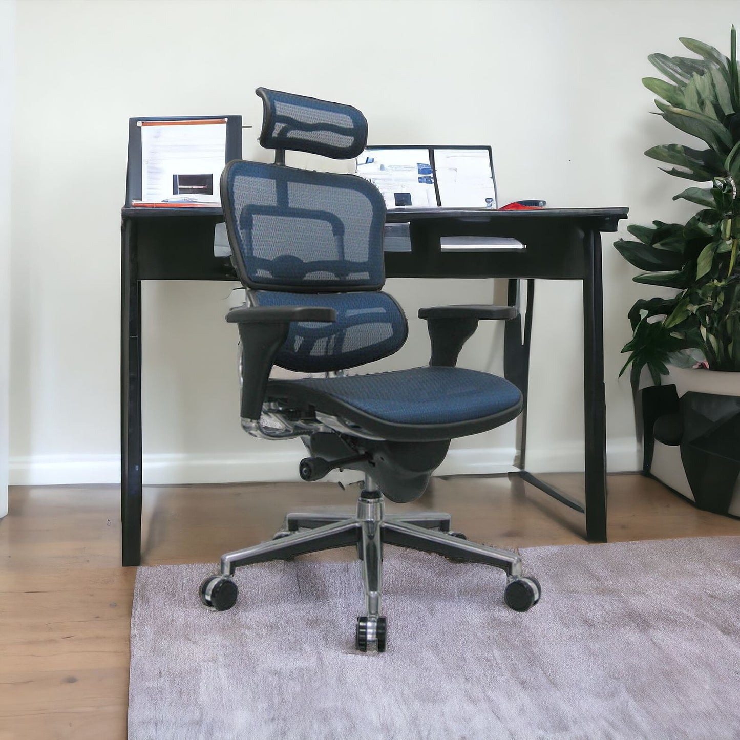 Blue and Silver Adjustable Swivel Mesh Rolling Executive Office Chair