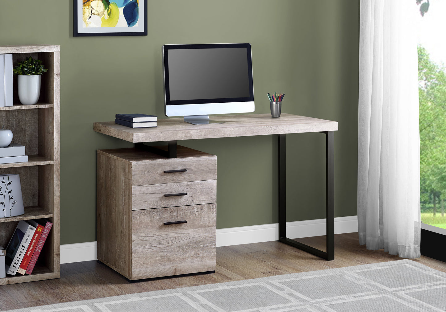 24" Taupe and Black Computer Desk With Three Drawers