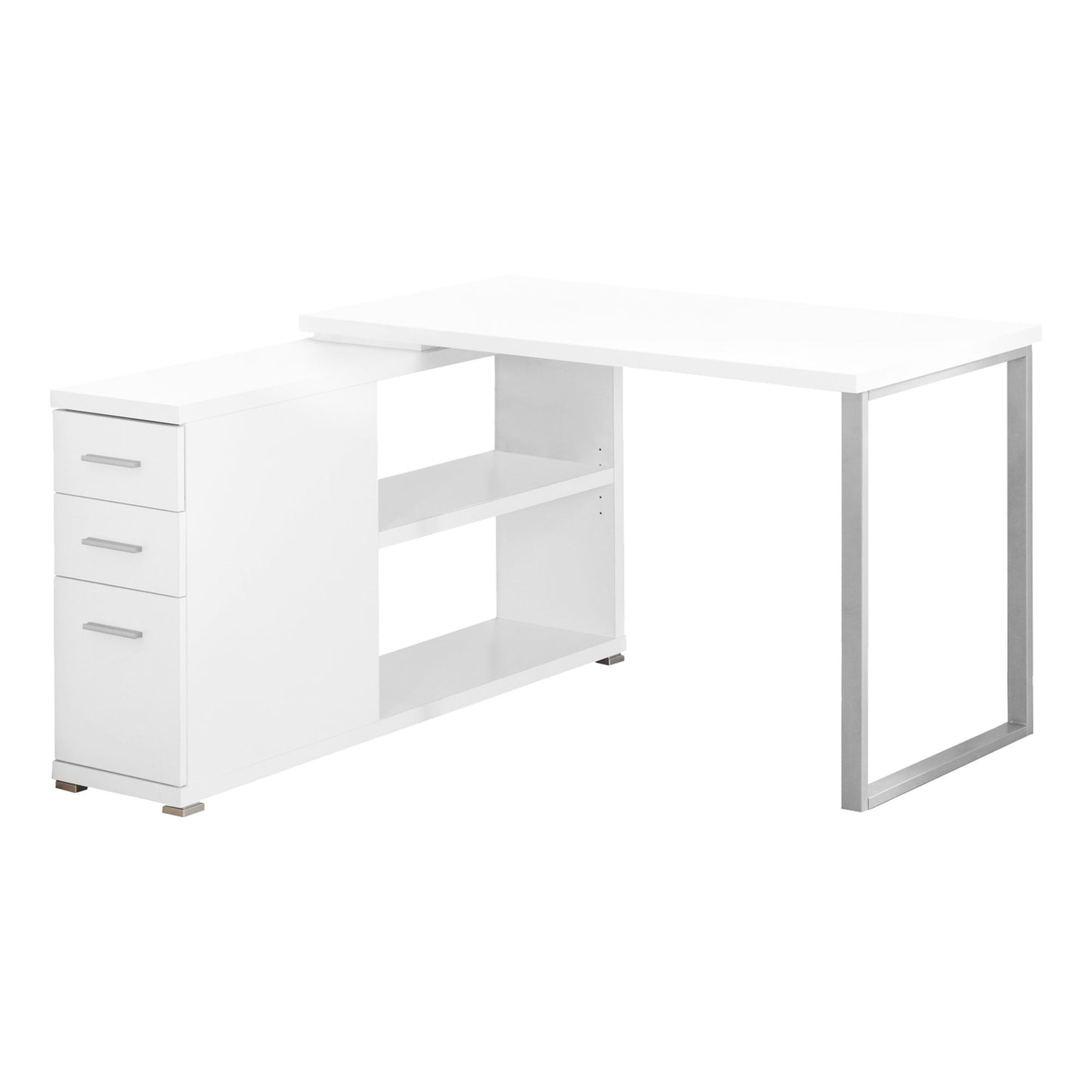 47" White and Silver L Shape Computer Desk With Three Drawers