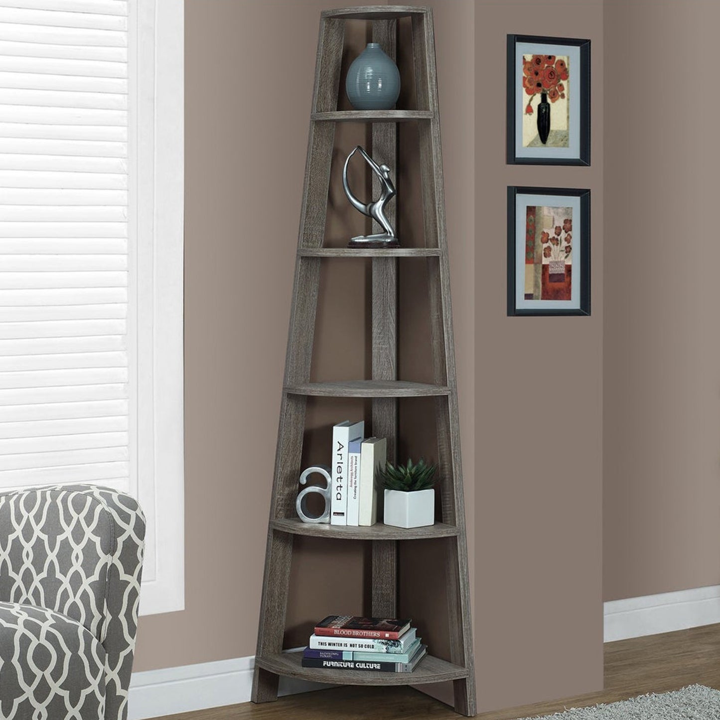 71" Taupe Wood Corner Bookcase