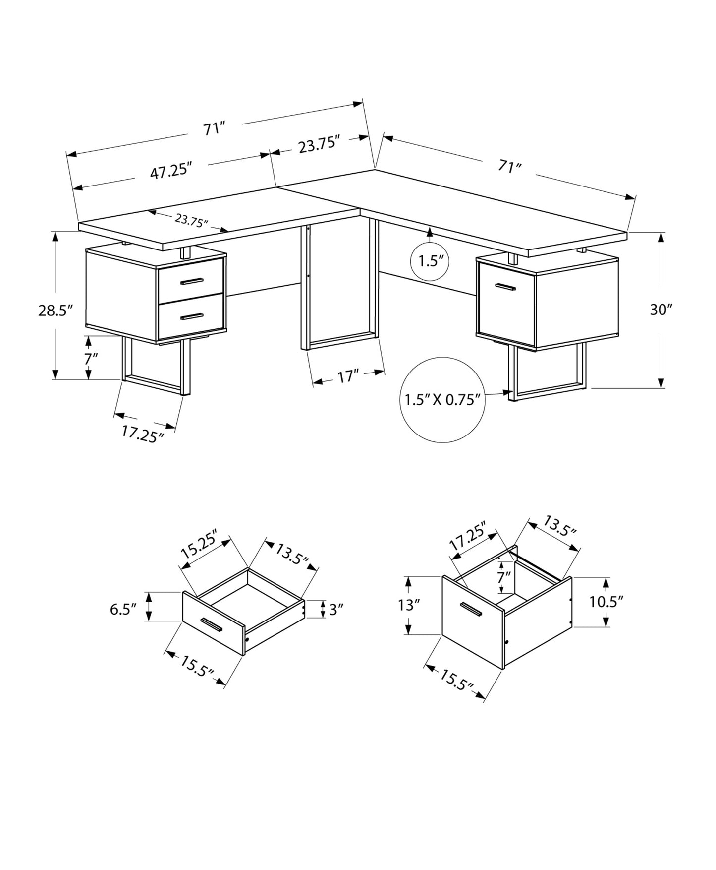 71" Gray and Silver L Shape Computer Desk With Three Drawers