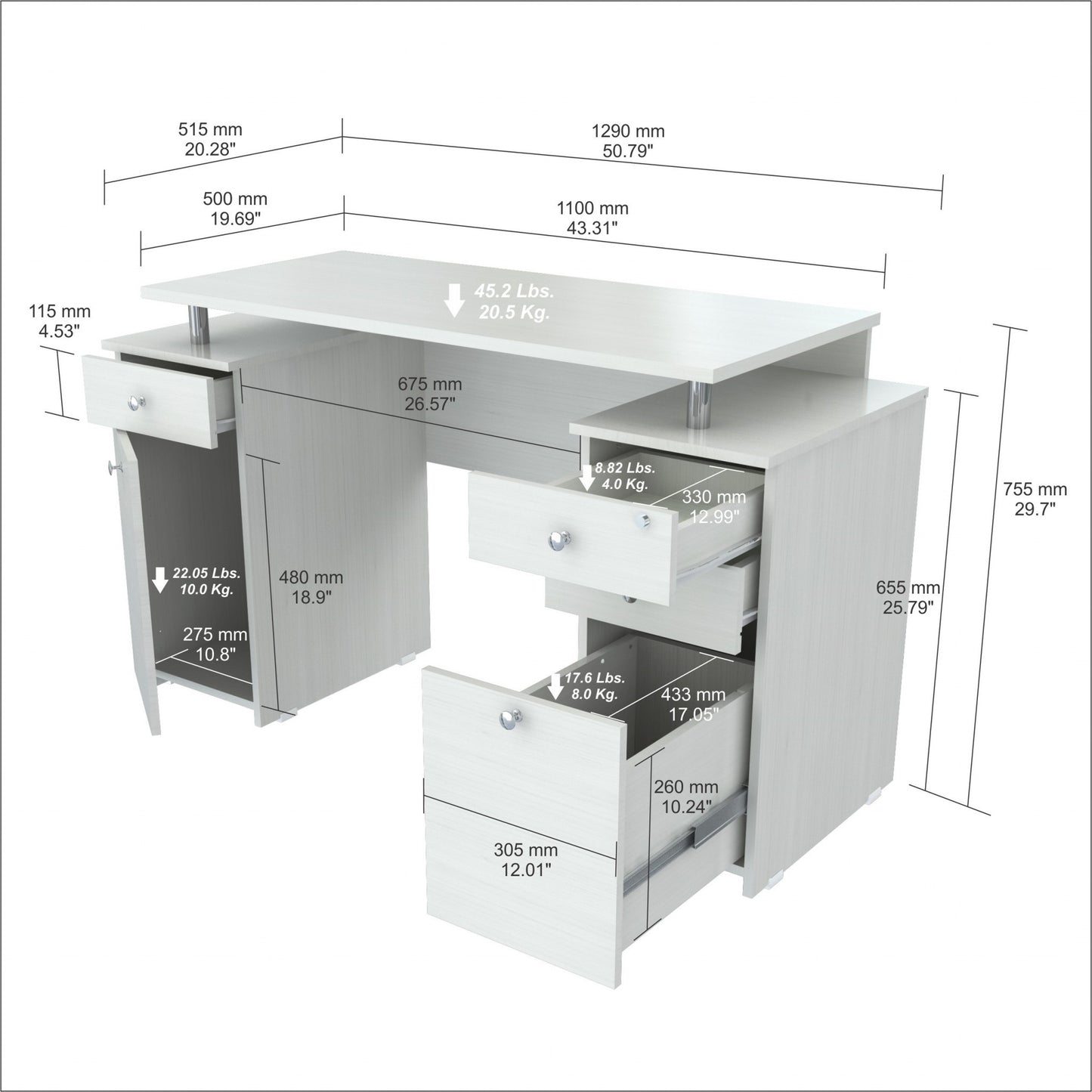 51" White Mirrored Computer Desk With Four Drawers