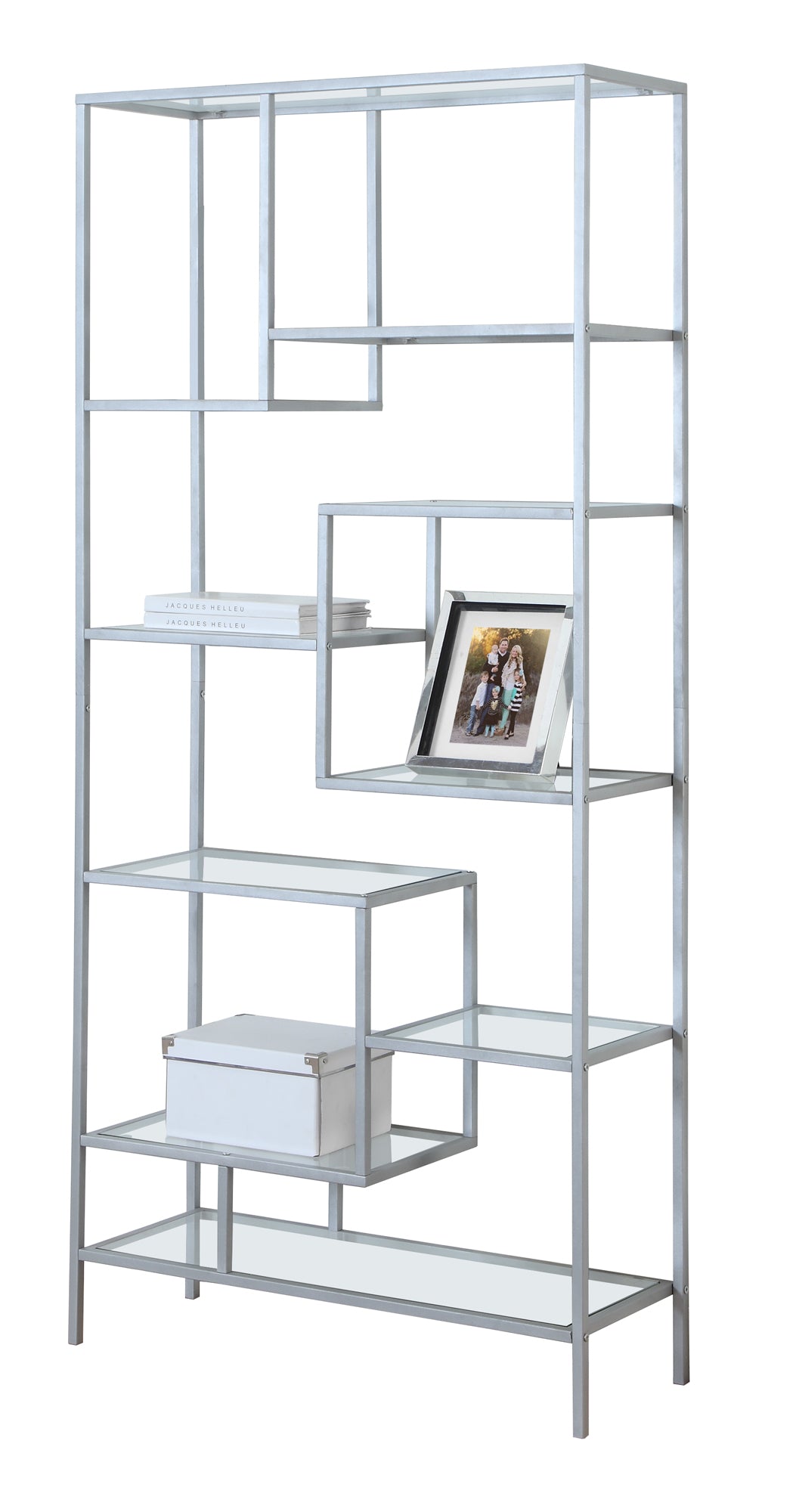 72" Silver Metal And Glass Etagere Bookcase