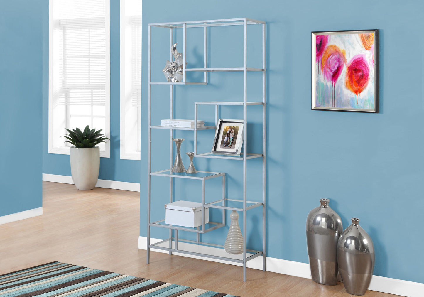 72" Silver Metal And Glass Etagere Bookcase