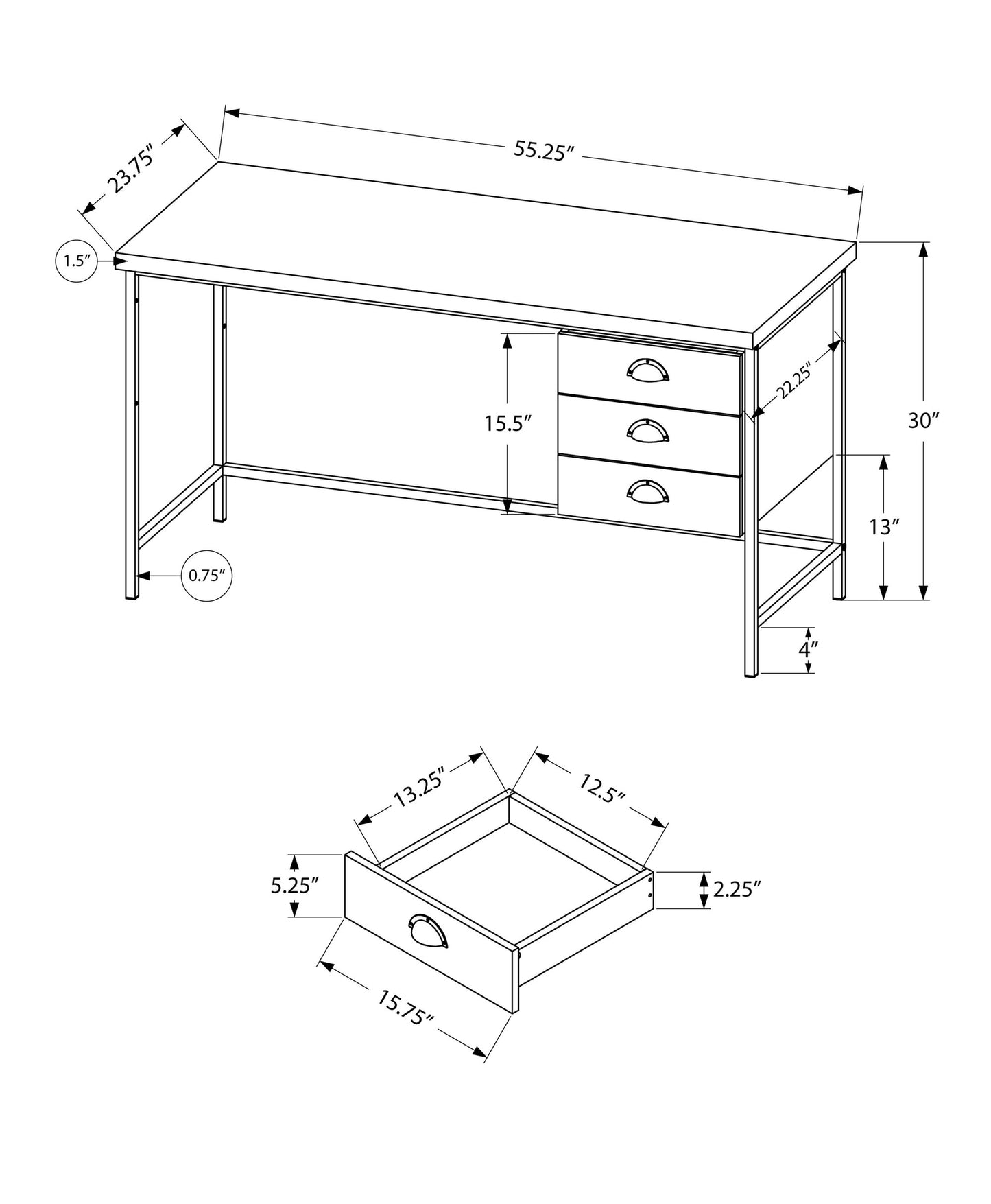 24" Gray and Black Computer Desk With Three Drawers