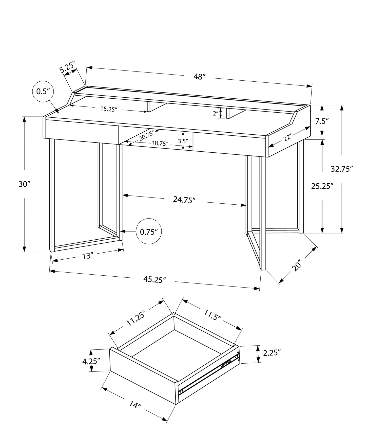 22" White and Silver Writing Desk With Two Drawers