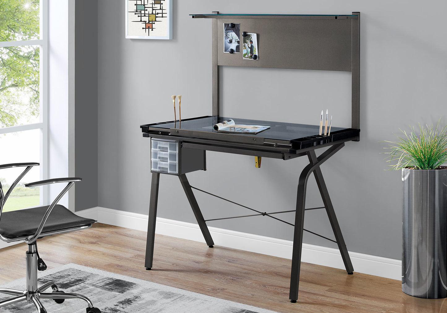 26" Adjustable Clear and Gray Glass Drafting Table With Three Drawers