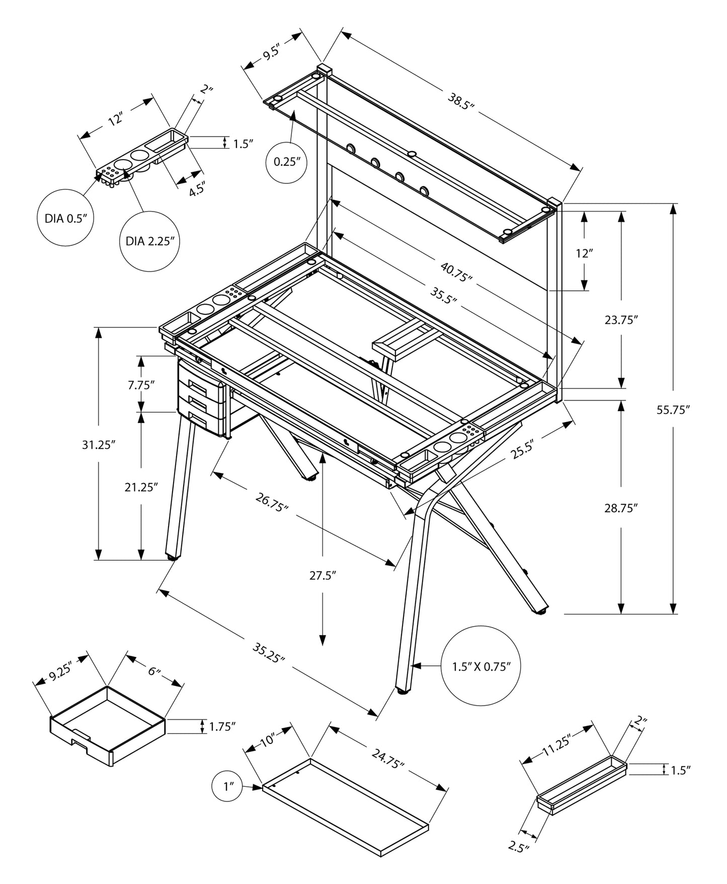 26" Adjustable Clear and Gray Glass Drafting Table With Three Drawers